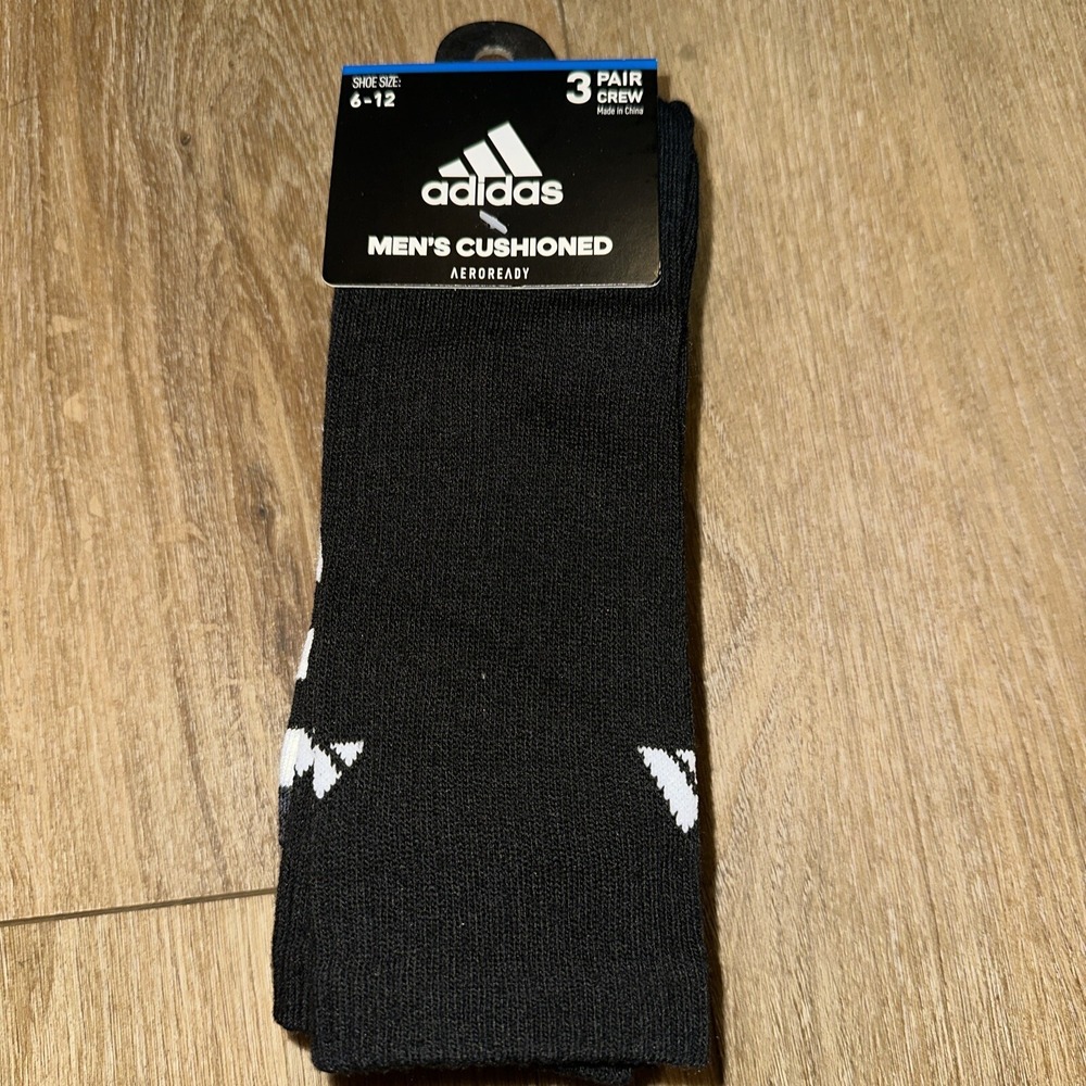 ADIDAS Mens Socks Crew Aeroready Drying 3 Pair Shoe Size‎ 6-12 Black